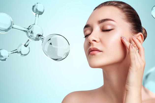 Young woman and collagen molecules
